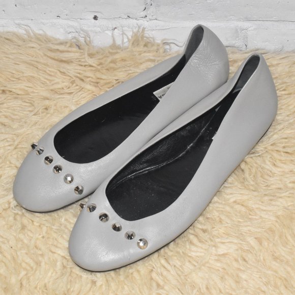 BALENCIAGA Made In Italy GRAY Leather Studded Flats Size 38 - Picture 1 of 6